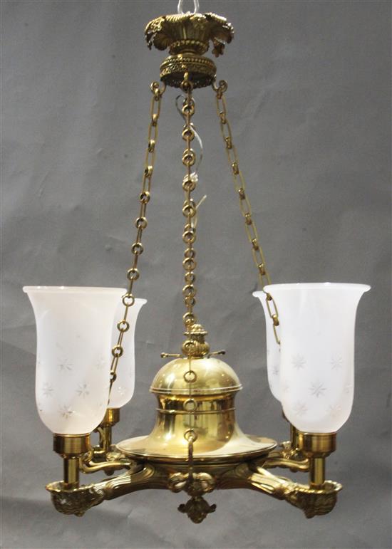 A bronze colza oil lamp, drop 36in. diameter 25in.